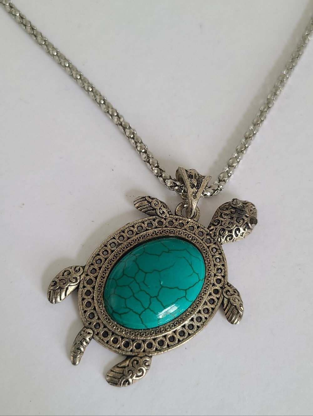 Silver Tone Costume Chunky Large Turtle Tortoise Faux Turquoise Pendant Necklace